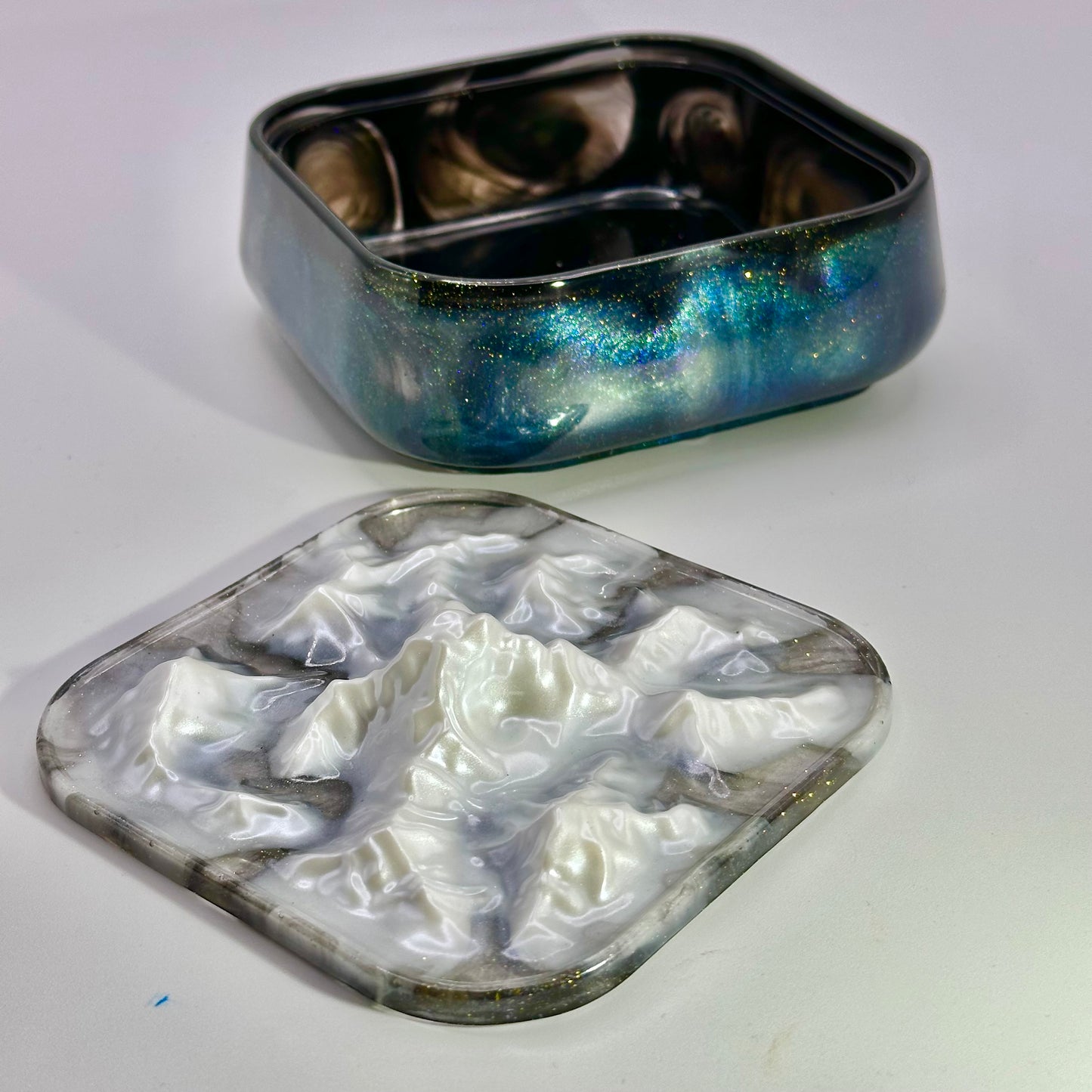 Norway Pot With Snowy Mountains Lid Storage Box Northen Lights Inspired.