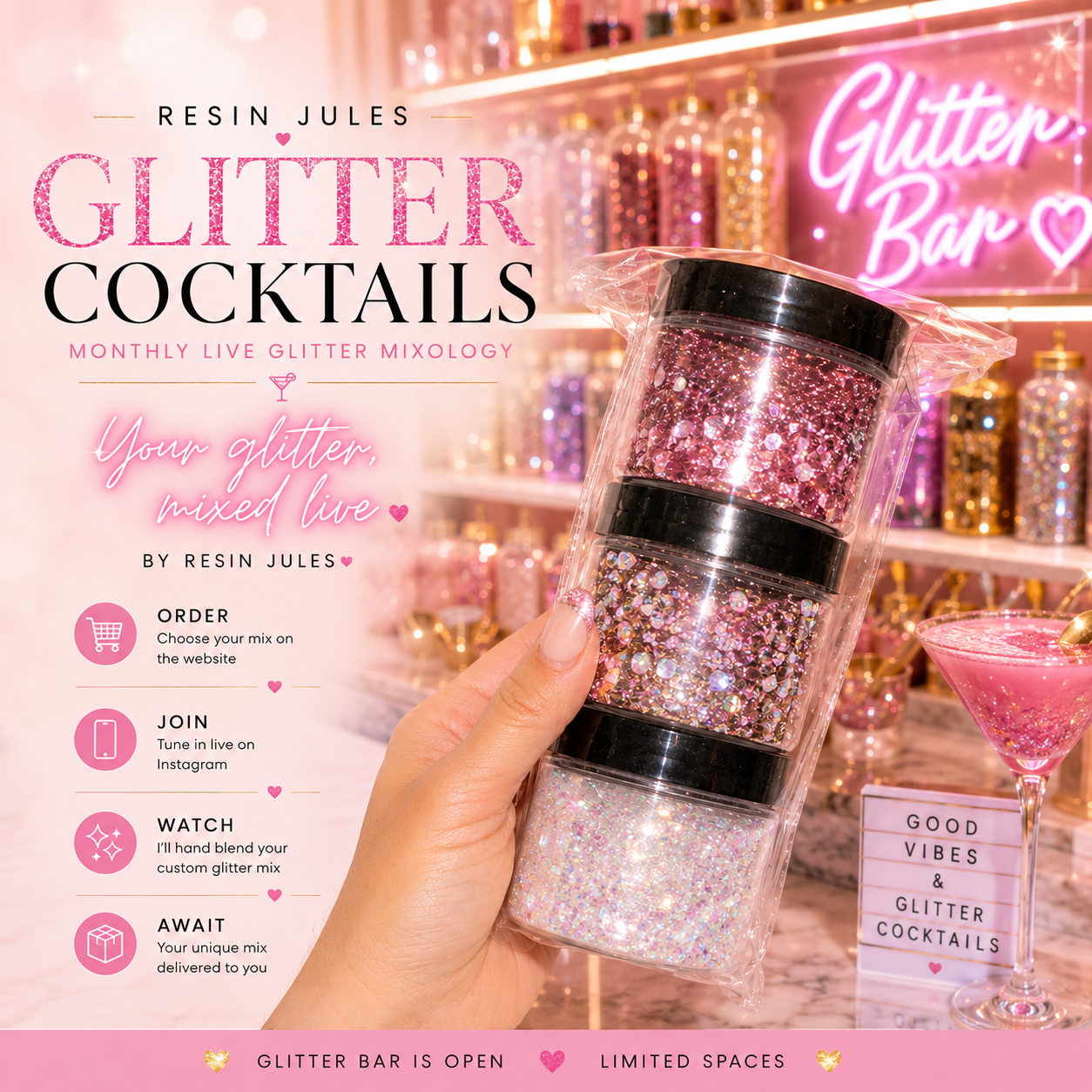 Resin Jules Glitter Cocktails
Monthly Live Glitter Mixology Party ✨🍸
Live Instagram 25th August 7pm