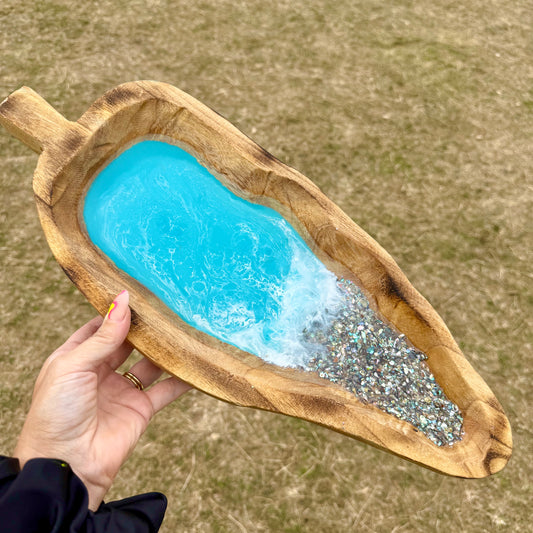 Abalone Shell & Ocean Resin Wooden Decor One Of a kind. Handmade Large Tray / Bowl Free Shipping